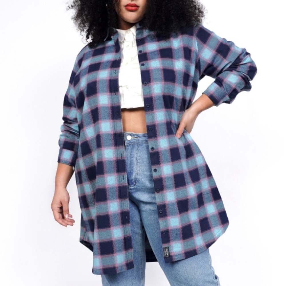 Wildfang The Essential Flannel Long Sleeve Shirt Dress Shacket Plaid Blue Pink